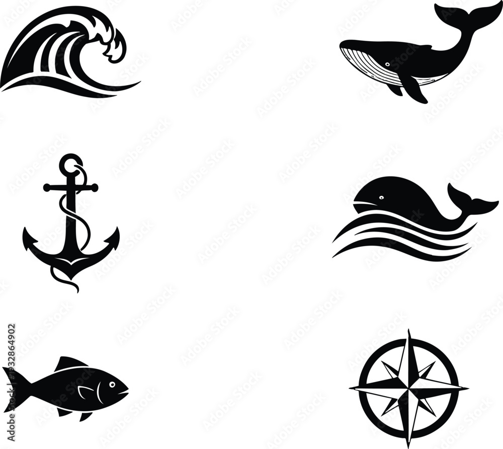 Fototapeta premium Nautical icon bundle anchor whale wave fish and compass icons