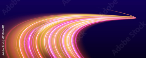 Rainbow glowing racing streak twists smoothly, leaving soft luminous trails with scattered spark particles. Dynamic high-speed accent. vector