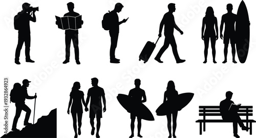 Traveler silhouettes set with backpack map camera suitcase surfing hiking and walking isolated on white background vector illustration