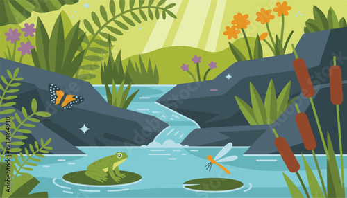 Cartoon illustration of a frog on a lily pad in a serene pond with rocks and plants