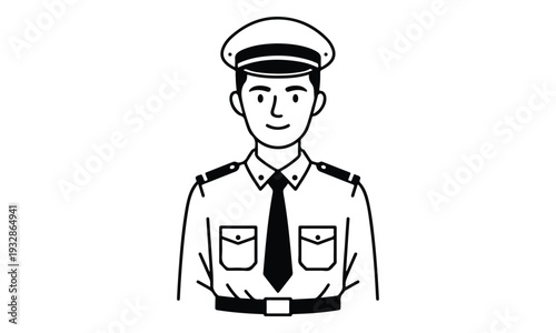 Smiling Male Officer in Uniform and Cap Line Art Illustration