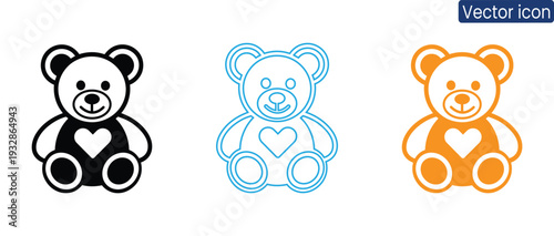 Set of cute teddy bear icons in black, blue, and orange with heart symbol