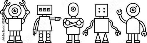 Cute robot characters set with mechanical arms and cartoon technology mascots isolated on white background vector illustration collection