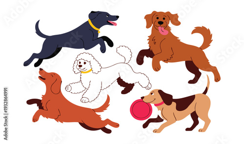 Cartoon dogs playing with frisbee running jumping  happy dogs