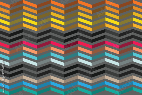 A vibrant and colorful abstract geometric pattern with chevron shapes in various hues and shades
