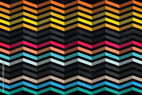 A colorful abstract geometric pattern of chevron shapes in various vibrant hues and black accents
