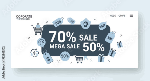70% Sale Mega Sale 50% Web Banner Vector