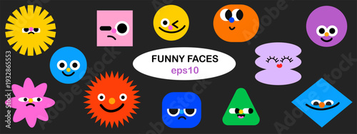 Abstract bright colorful geometric character cheerful face shapes. Doodle cute design emotion elements in cute style with mouth, eyes, different mood vector elements collection.