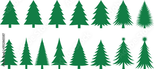 Green Christmas Tree Collection Set with Various Evergreen Pine Fir Spruce Shapes Isolated Vector Illustration