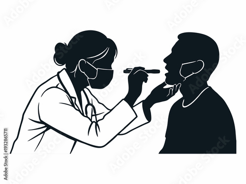 Female Doctor Checking Male Patient's Throat with Penlight Silhouette