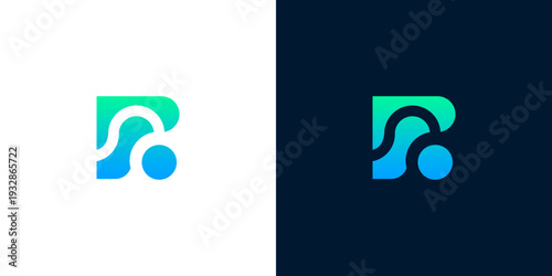 Abstract letter R logo design with gradient colors on white and dark backgrounds, representing innovation and technology