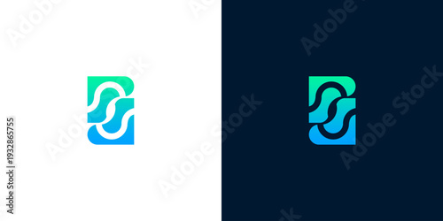 Modern abstract logo design featuring flowing lines in gradient colors on white and dark backgrounds