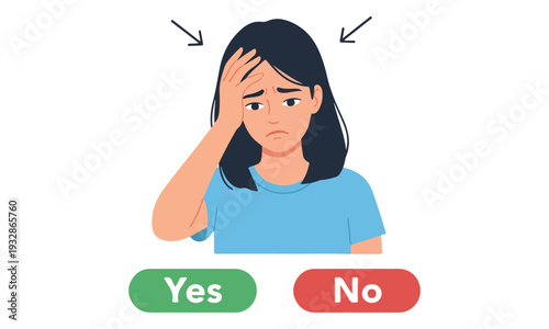Distressed Woman with Headache Holding Forehead Near Yes No Buttons