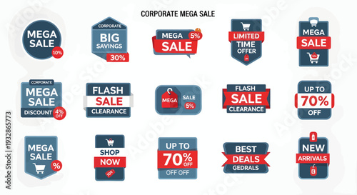 Set of 15 Corporate Mega Sale Discount Badges Vector