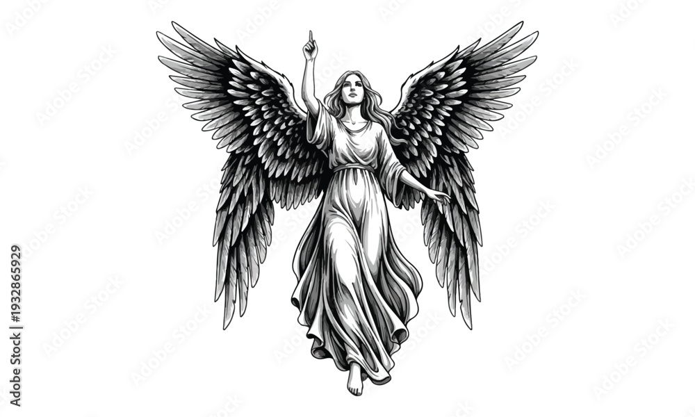 Obraz premium Angel illustration with wings, pointing up, spiritual black and white drawing