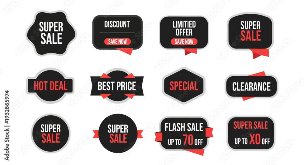Fototapeta premium Set of 12 Black Sale and Discount Offer Vector Labels
