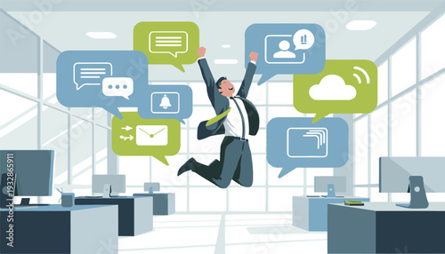 Businessman jumping in office with speech bubbles around him