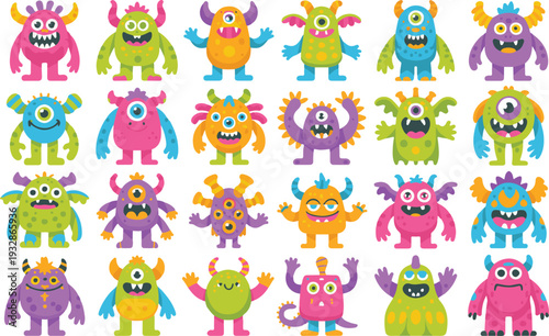 Colorful cartoon monsters with different expressions and poses