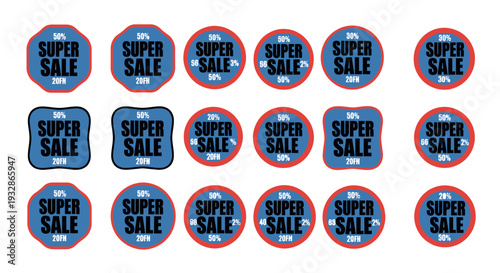 Set of 20 Super Sale 50% Off Blue and Red Price Tags Vector