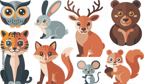 Colorful cartoon animal faces and bodies set isolated on white background