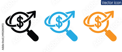 Dynamic financial growth icons with magnifying glass and dollar sign