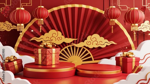 Chinese New Year Celebration with Red Lanterns, Gift Boxes, and Traditional Fan Decoration.