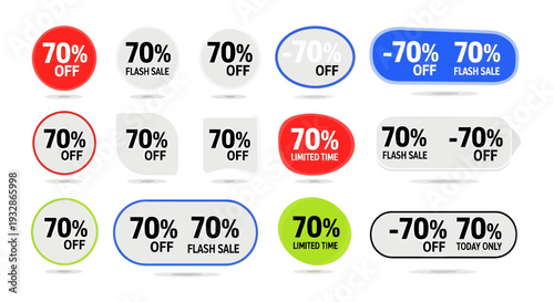 Set of 15 70% Off Sale Tags and Discount Labels Vector