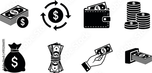 Money and Cash Icon Set with Wallet Coins Dollar Exchange Payment Vector Illustration