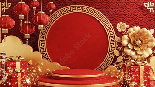 Chinese New Year Celebration with Red Lanterns, Golden Clouds, and Festive Gifts on a Podium Stage.