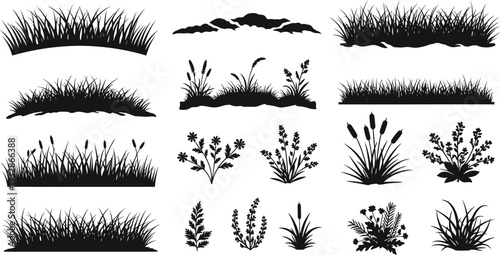 Grass and Plant Silhouette Collection Isolated Vector Illustration Set