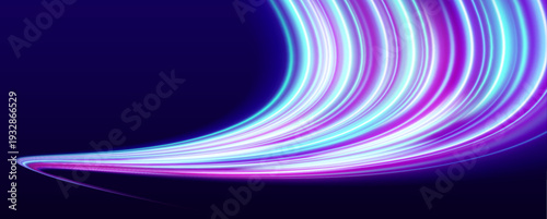 Vibrant rainbow speed streak twists dynamically, leaving luminous curved paths and scattered spark particles. Perfect for futuristic visuals. vector