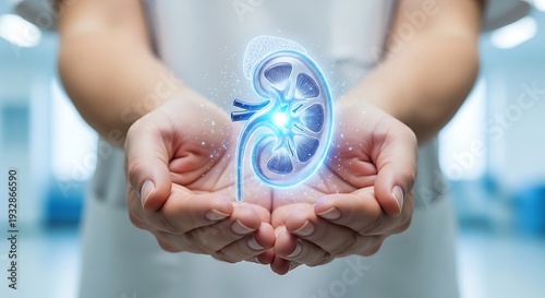 A person in a white lab coat holding a glowing blue kidney