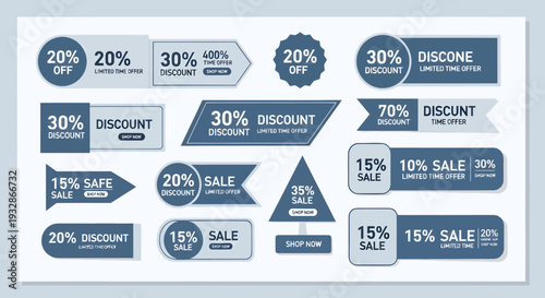 Set of 16 Blue and Gray Discount Sale Tags Vector