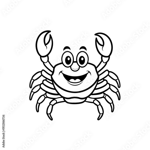 Cute cartoon crab character with a happy face, black and white outline illustration.