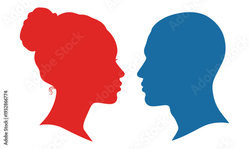 Tableau sur toile Male and Female Textile Silhouettes Facing Each Other