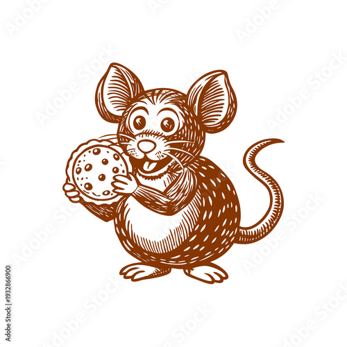 Cute cartoon mouse character holding and eating a delicious cookie, hand-drawn vector illustration.