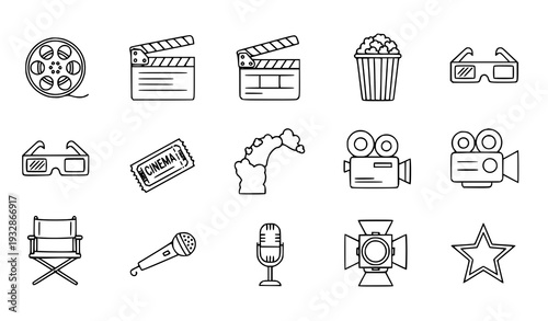 A collection of film and cinema related vector icons and illustrations