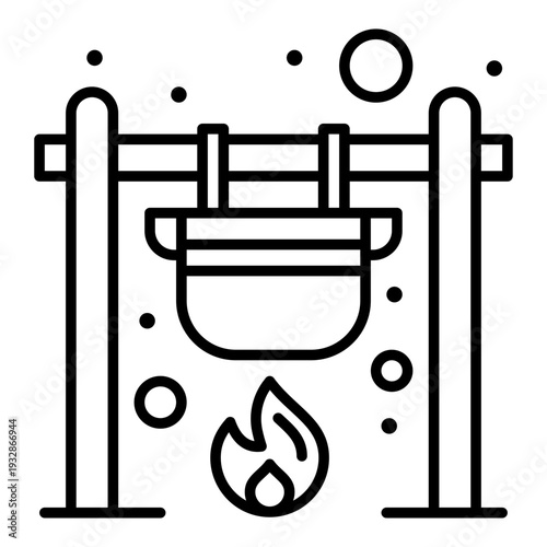 Campfire Cooking: Minimalist vector illustration of a traditional campfire setup, where a pot hangs over the fire