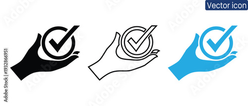 Hand holding checkmark icon in three different styles: black, outline, and blue