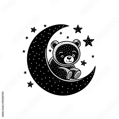 Cute cartoon bear sitting on a crescent moon surrounded by stars, black and white illustration for children's designs.