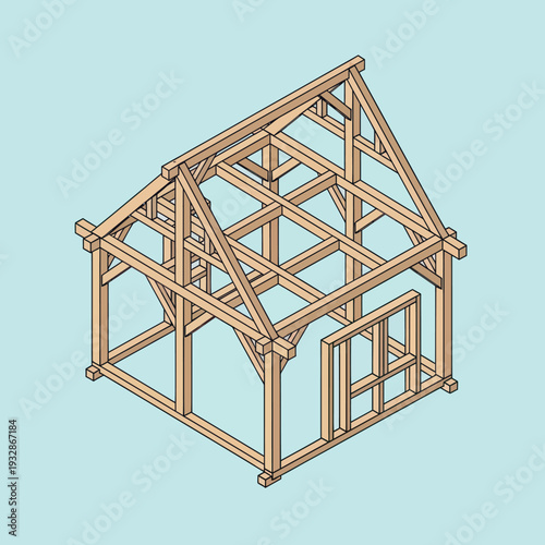 Wooden House Frame Under Construction.