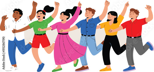 Diverse group of people dancing together happily outdoors