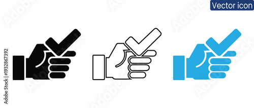 Three hand holding checkmark icons in black, white, and blue for approval and confirmation