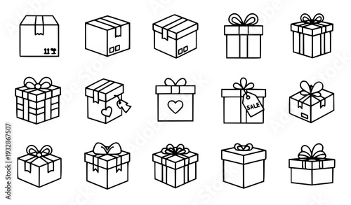 A set of minimalist line art gift boxes with various designs and ribbons