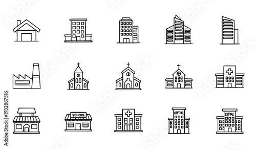 A set of black and white line art illustrations of various buildings and structures