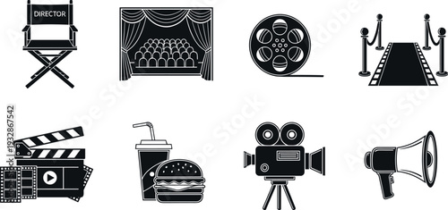 Movie Theater and Film Production Icon Set with Director Chair Stage Camera Megaphone Vector Illustration