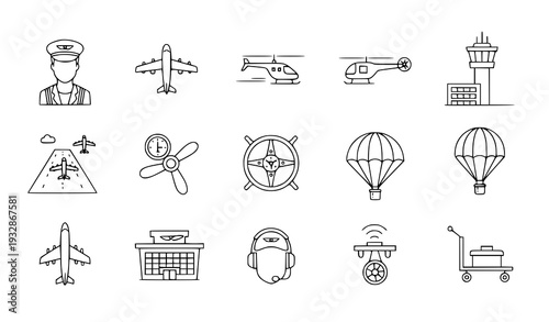 A set of aviation icons in a minimal line art style