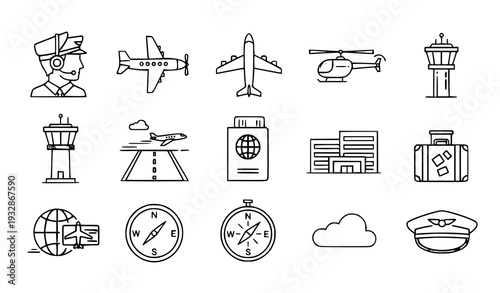A set of black and white line art icons depicting various travel and aviation related objects