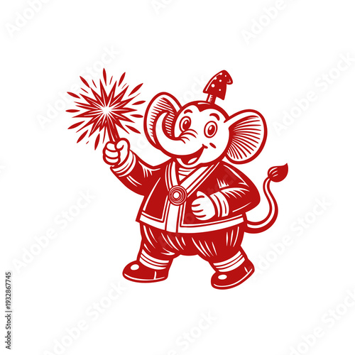 Cute elephant mascot in red holding a sparkling firework, celebrating a festive occasion.