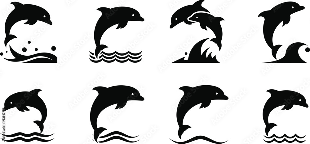 Obraz premium Icon bundle dolphin silhouette collection black and white vector graphics